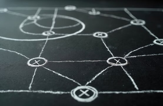 Soccer strategy chalk drawing on blackboard. Football game tactic scheme explains play design. Chalkboard shows plan for sport team players game activity and actions on pitch. - Powered by Adobe