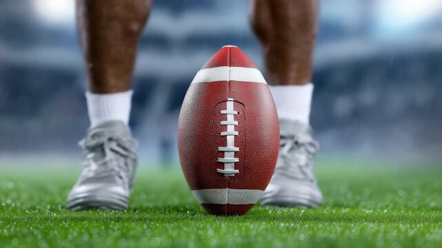 Football kickoff sequence on green turf with player preparing and positioning ball