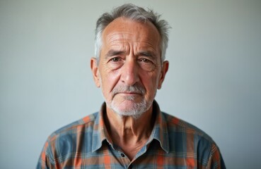 Obraz premium Elderly man with grey hair and beard wears plaid shirt. Serious mature adult faces camera with thoughtful expression. Studio portrait conveys wisdom and experience, copy space for text.