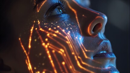 Illumination of human skin with glowing digital circuitry patterns portrays advanced technology integration.