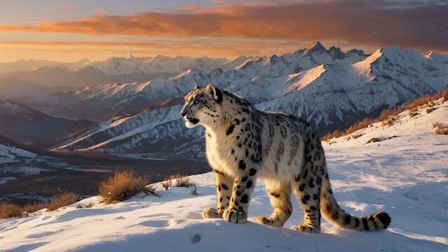 The Snow Leopard stands at the edge of a snowy ridge, bathed in the orange glow of sunset.