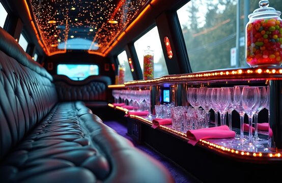 Inside luxury limousine with plush leather seats ambient lighting, bar stocked with glassware, colorful candies. Perfect for special events, parties, VIP transportation experiences. Night out begins.