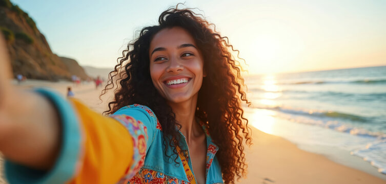 Young woman smiles taking selfie on beach at sunset. She enjoys ocean waves, sand and summer holiday. Traveler shares happy vacation moments online.