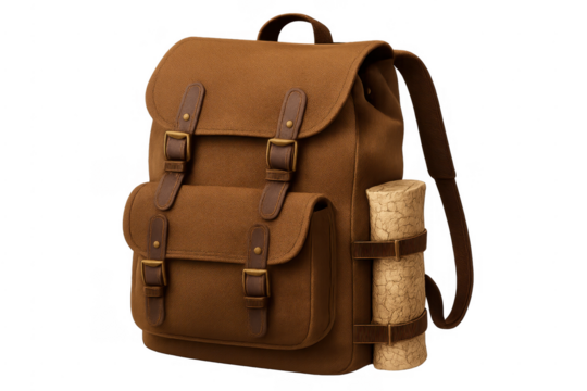 Vintage brown canvas backpack with rolled map