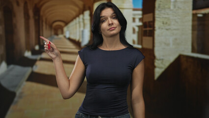 Young woman standing upright and pointing finger toward stone building in street; curiosity exploration discovery adventure.