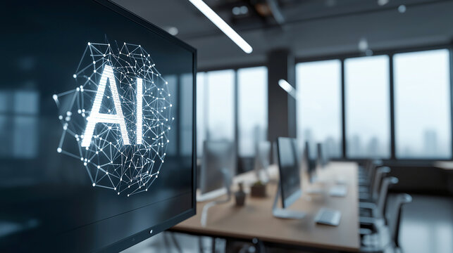 AI, network, technology, and modern office environment with digital nodes and glowing connections on computer screen, reflecting innovation and futuristic workspace