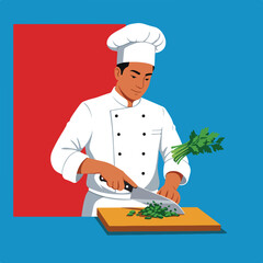 A chef in a white uniform and hat carefully chops herbs on a cutting board, illustration with bright colors