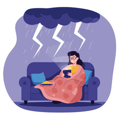 Illustration of a person enjoying comfort during a storm, on a couch with a tablet and food