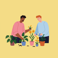 Two diverse people, gardening plants in colorful pots with soil, against a yellow background