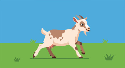 Goat running on green grass under a blue sky