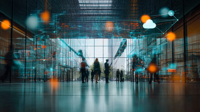 Corporate team KPI neural network diagram business technology data office modern innovation. group of professionals modern office with digital neural network diagrams reflecting innovation