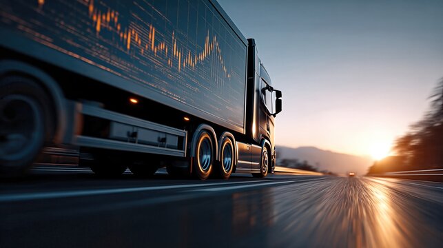 Truck driving on highway with digital graph on trailer, concept of smart logistics and real-time transportation analytics