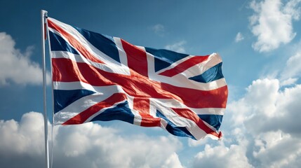 National banner fabric billows dramatically against a bright daytime sky with scattered clouds