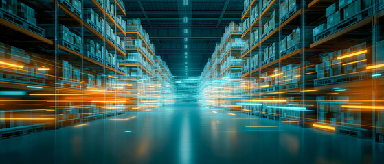 Endless warehouse shelves filled with boxes, illuminated by futuristic blue and orange lights, convey high tech e commerce fulfillment center with fast barcode scanning and automation