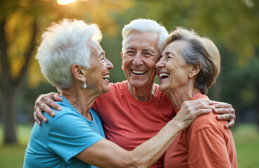 Three happy elderly friends share joyful hug in sunlit park after exercise. They are laughing, embracing, showing strong bonds of companionship, active retirement. Scene of pure happiness, good times.