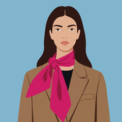 A stylized portrait of a woman in a brown blazer and pink scarf against a blue background
