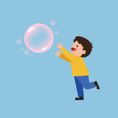 Cartoon illustration of a cheerful child reaching towards a large, pink bubble against a light blue background