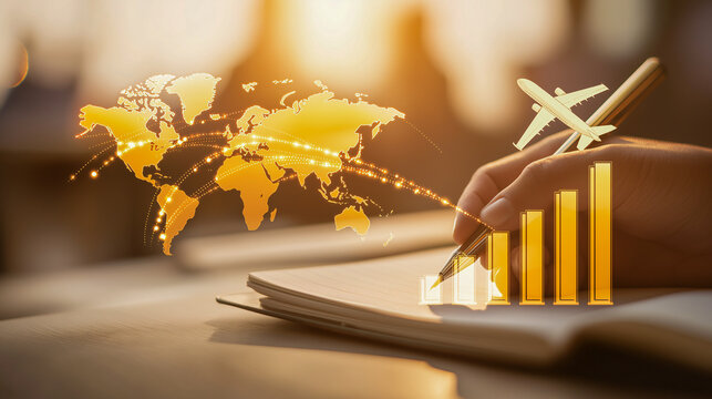 Golden holographic world map, dotted flight paths, airplane, and rising bar graph symbolize global business growth, travel, and international success in warm, optimistic setting