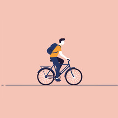 Minimalist illustration of a person riding a bicycle on a pink background, with a backpack