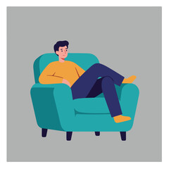 A stylized illustration depicts a person lounging in a teal armchair on a grey background. The person wears casual clothes