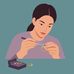 A person with dark hair is placing a gemstone on a gold ring using tweezers. Other rings are visible