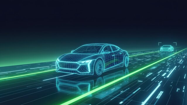 Holographic car on glowing smart highway with neon beams at night, iot concept, sensor technology, car technology