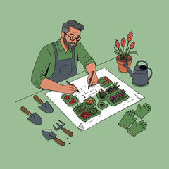 A gardener draws a garden plan with tools laid out. Flowers are in the design, with a watering can