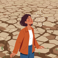 An illustration shows a woman standing in a cracked, dry landscape with closed eyes, spray erupting