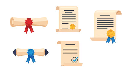 Collection of various rolled and flat certificates with ribbons and seals
