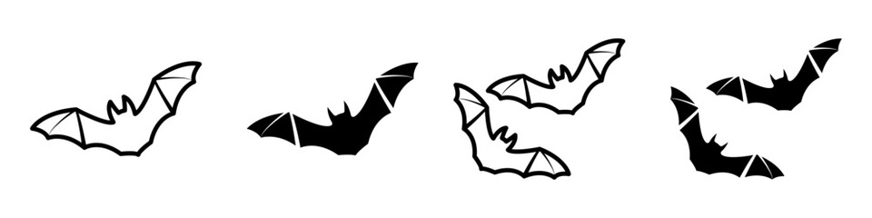 Fototapeta premium Bat icon set. This illustration features a simple line art drawing of various bats in flight. The silhouettes depict the bats' distinctive shape. A design element ideal for Halloween or wildlife theme