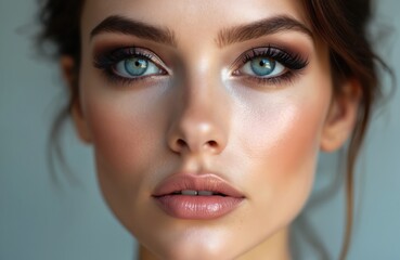 Fototapeta premium Glamour close-up portrait of young woman with blue eyes. Makeup artist created pro eye and face makeup. Beauty model poses in studio. It is a concept shot for magazine. Elegant look.
