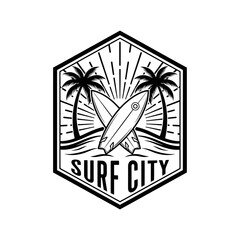 Naklejka premium Surf City Logo with Palm Trees and Surfboards in Black and White.