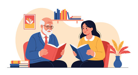 An older man and a younger woman reading books together in a cozy setting.