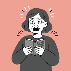 Anxious person reads "Shocking Reality End?" book. Graphic depicts emotion, with expressive lines and a muted color palette