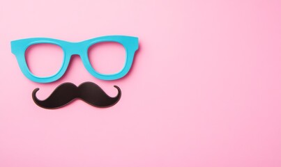Playful accessories including bright blue glasses and a black mustache on a pastel pink background