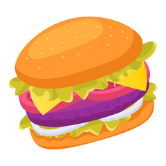 Pixel Art Hamburger With Sesame Seed Bun Filled With Lettuce Tomato Onion Cheese And Patty On Transparent Background