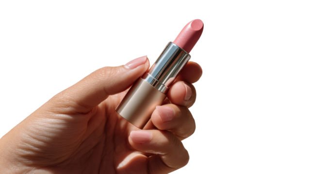 Subtle Beauty: A hand delicately holds a sleek lipstick, its pale pink hue hinting at elegance and sophistication. The composition is simple.