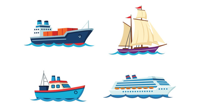 Colorful illustration depicting various types of boats and ships on water