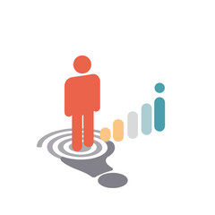 A red person-shaped figure stands in a target-like design with shadow, colored bars next to it