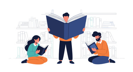 Three people are reading books in front of bookshelves, enjoying literature.
