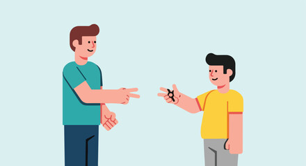 Two figures playing rock-paper-scissors game on a light blue background
