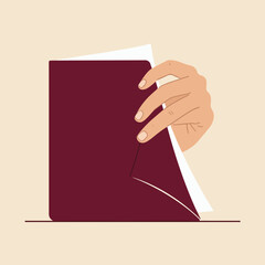 An illustration depicting a hand opening a maroon book against a neutral backdrop, revealing white pages