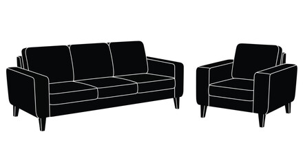 Black outline of a modern sofa and matching armchair set