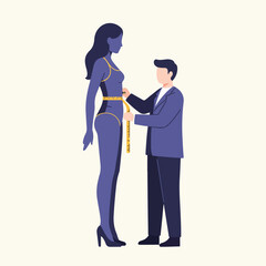 A silhouetted figure is measured with a tape measure by a tailor. The minimalist illustration includes heels
