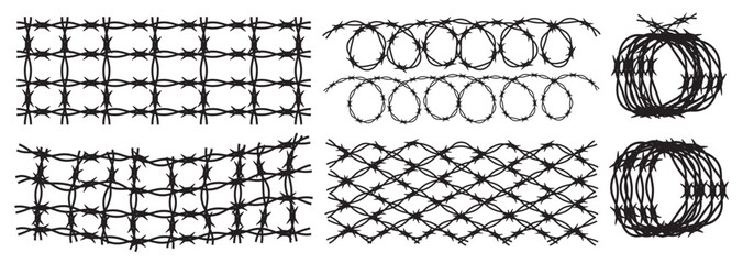 Barbed wire silhouette vector -White background with Black barbed wire horizontal vector. Straight line sharp barbed wire illustration vector
