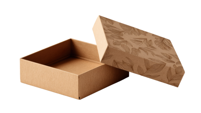 Simple Cardboard Packaging: A plain, opened cardboard box with the lid slightly ajar, showcasing its clean lines and minimalist design.