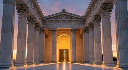 Obraz premium Imposing classical building with a grand entrance illuminated by a warm glow, representing the gateway to knowledge, justice, and timeless wisdom