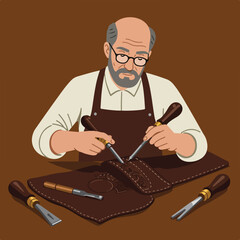 A craftsman with glasses and apron, diligently carving leather. Tools surround, showcasing the process