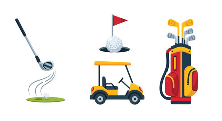 Naklejka premium A colorful illustration depicting golf equipment including clubs and a cart