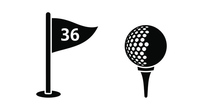 Black and white illustration of a golf flag and golf ball